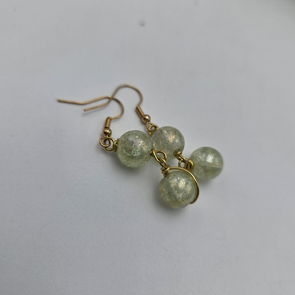 Handmade Light Green Dangle Earrings | Sparkling Beaded Drop Jewelry - Picture 4 of 5